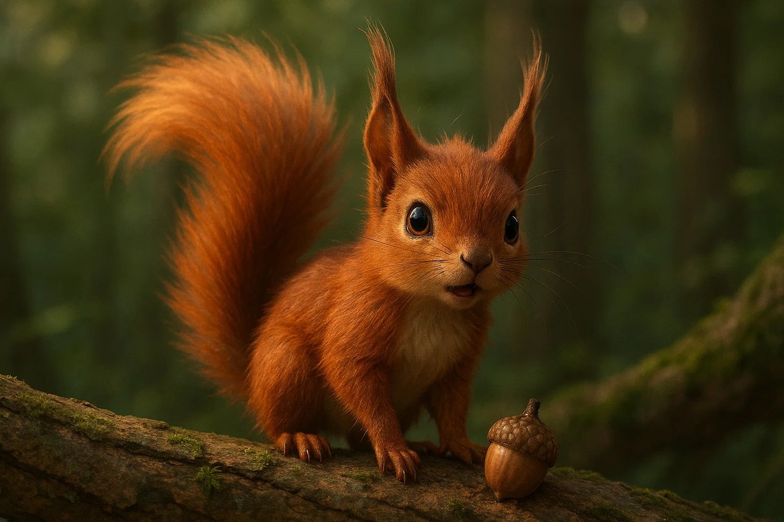 Little Red, a red squirrel character, beside an acorn on a mossy woodland branch